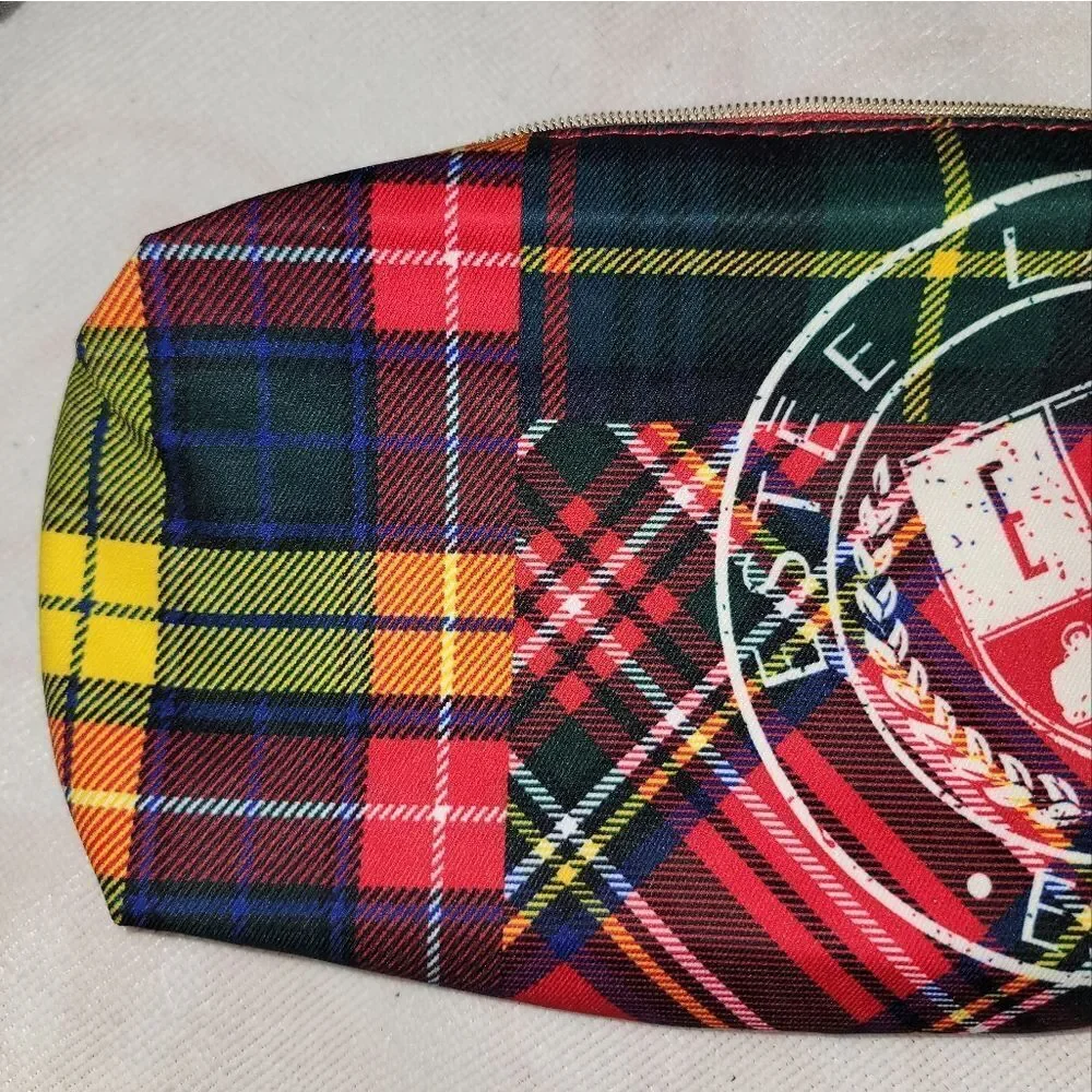 Estee Lauder Plaid Tartan Cosmetic Zipper Make Up Bag with Tassle & Big Logo